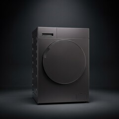 Luxury household laundry equipment rendered with forensic detail and industrial aesthetic in a moody interior setting.