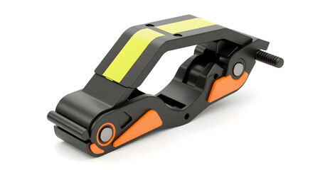 Black and orange mechanical clamp with yellow accents