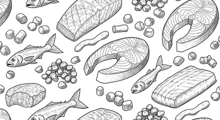 線描の魚介、無限のパターン