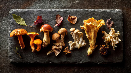 Assorted edible mushrooms displayed on a dark slate board, showcasing various shapes, colors, and textures, highlighting the beauty of natural ingredients in culinary arts