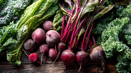 Fresh organic vegetables including vibrant beets and leafy greens arranged beautifully on a rustic wooden surface, showcasing the natural colors and textures of healthy produce