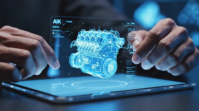 Hands interacting with holographic engine design