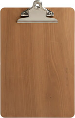 Empty wooden clipboard with metal clip. Office organization tool for menu display mockups and corporate document holding.