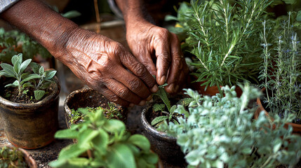 Elderly hands carefully tending to small potted herbs, showcasing the art of gardening and nurturing plants in a vibrant, lush green environment with rich textures