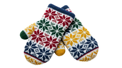 Colorful knitted mittens with snowflake patterns isolated on a transparent background
