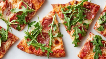Artisan pizza slices arranged neatly with fresh arugula on a bright white background, perfect for National Pizza Day celebrations and family meals