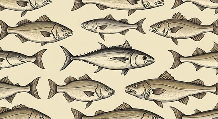 群れる魚たち：精密なペン画