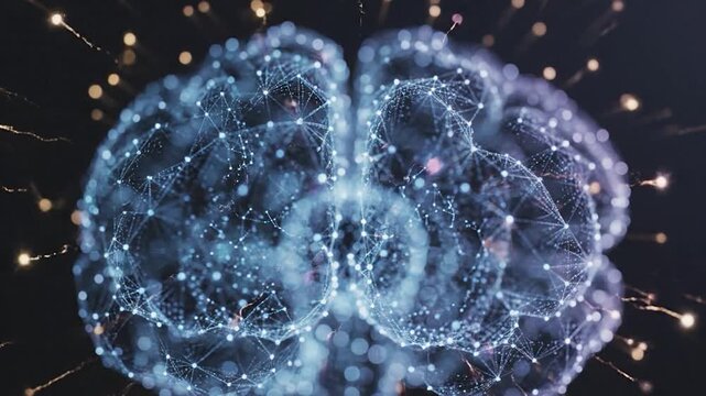 3D-rendered brain image with a network of lines and dots, showing neurological activity