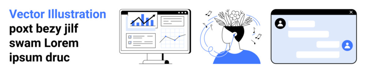 Obraz premium Data analysis, creative thinking, digital communication, information sharing, virtual connections, tech solutions. Graphs on a screen, brain with music chat interface. Data analysis and creative