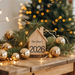 Wooden house block showing New Year's 2026 surrounded by gold ornaments and festive pine branches