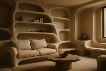 Obraz premium Cozy Interior Design: A warm and inviting living room interior design featuring a unique, organic wall design, comfortable seating, and a minimalist aesthetic.