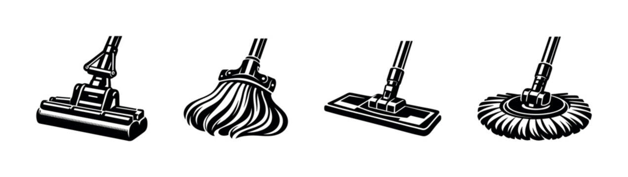 Cleaning tools vector illustration: mop, broom, flat vector style design