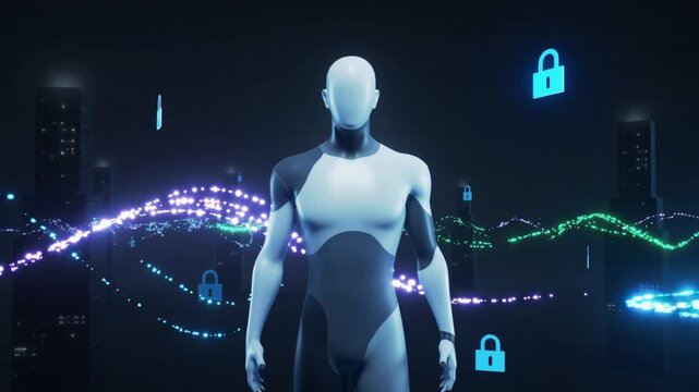 Digitale Identit&auml;t und Datenschutz visualisiert durch eine abstrakte KI-Figur. Verschl&uuml;sselung, Privatsph&auml;re und Netzwerksicherheit stehen im Fokus. Ideal f&uuml;r moderne Technologie- und Sicherheitskonze