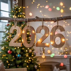 Wooden 2026 numbers hanging from a branch with festive lights celebrating the new year