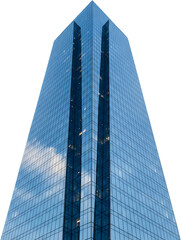 Modern blue glass skyscraper reflecting clouds. Tall city building architecture for real estate markets and urban development.