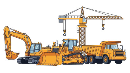 Construction Site Machinery - Excavator, Bulldozer, Dump Truck, and Crane Illustration. © crsnd