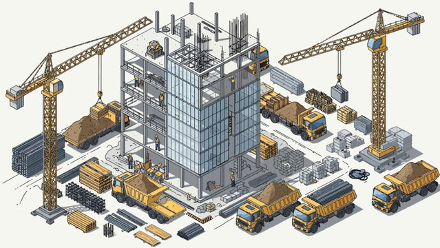Isometric Illustration of a Construction Site with Cranes and Trucks.