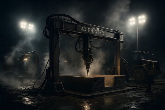 Technological Marvel: A 3D printer, illuminated by powerful spotlights, meticulously crafts an object in a shadowy, industrial environment. - Powered by Adobe