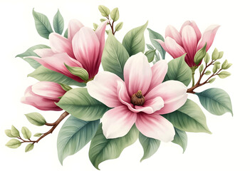 A stunning arrangement of soft pink magnolia flowers with lush green leaves and branches showcases natures beauty. The artwork captures the intricate details and colors, creating a serene ambiance.