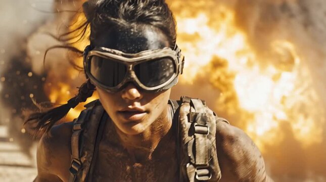 Epic Female Warrior Running from Explosion in Post-Apocalyptic Scene
