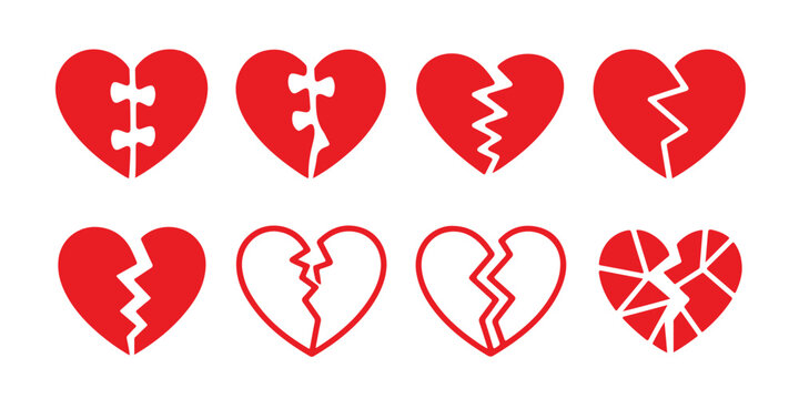 Heart puzzle and broken hearts collection eight red vector icons for emotional concepts