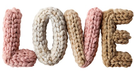 The Word LOVE Spelled Out in Chunky Knitted Yarn Letters. Cozy, Handmade, and Valentine's Day Concept.
