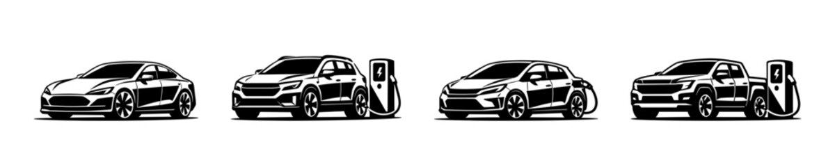 Obraz premium Electric cars and charging stations, flat vector illustration in minimalist style