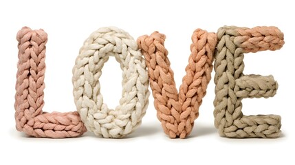 The Word LOVE Spelled Out in Chunky Knitted Yarn Letters. Cozy, Handmade, and Valentine's Day Concept.