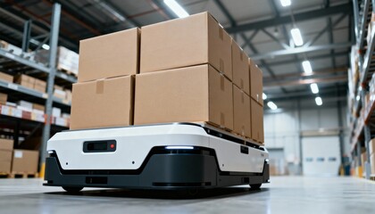 Autonomous mobile robot carrying stacked cardboard boxes inside a modern industrial warehouse aisle.