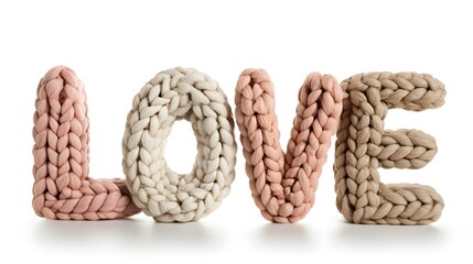 The Word LOVE Spelled Out in Chunky Knitted Yarn Letters. Cozy, Handmade, and Valentine's Day Concept.