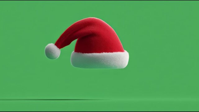 A red Santa hat floating on a green background