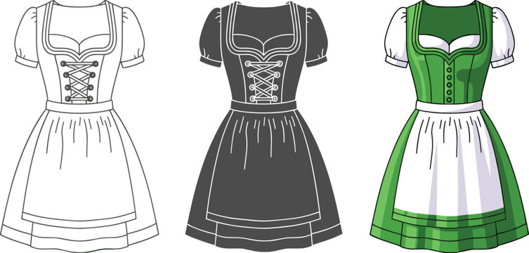 Three traditional dirndl dresses isolated on white background a line art version, a gray version, and a colorful green version with a white apron