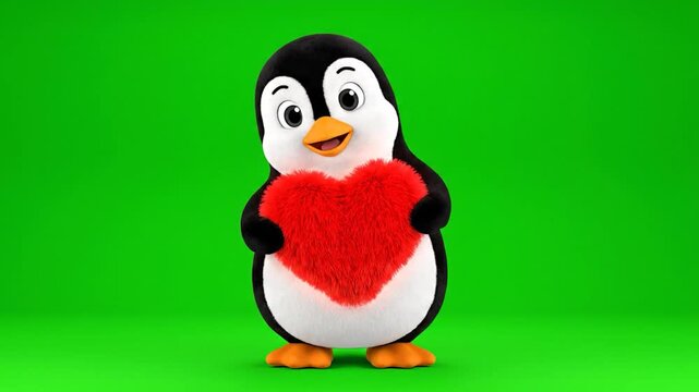 Cute penguin with a red, fluffy heart, set against a green backdrop