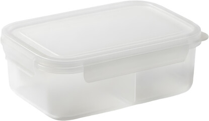 Empty transparent plastic food container isolated on white background reusable storage box for kitchen organization and meal prep logistics