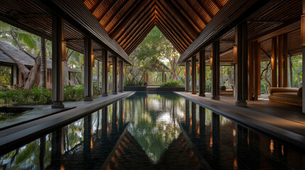 Luxury spa pavilion in tropical Asia with open architecture reflections and serene balance