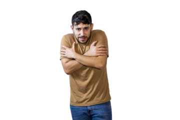 Young man shivering and feeling cold on white background. PNG