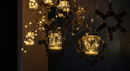 Warmly lit glass lanterns hanging from a dark ceiling with a festive ambiance for a new year celebration in a cozy indoor setting.