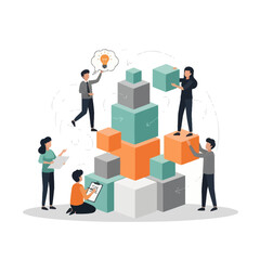 Collaborative teamwork building a complex 3D block structure symbolizing innovation and problem