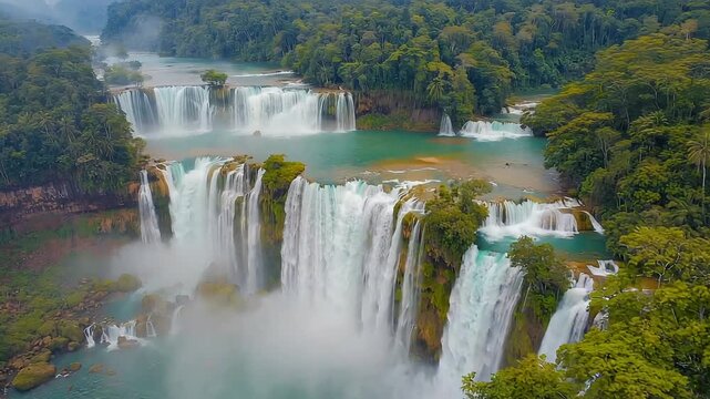 Majestic Waterfall Cascading Through Lush Green Tropical Forest Landscape