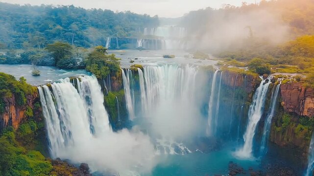 Majestic Waterfall Cascading Through Lush Green Tropical Forest Landscape