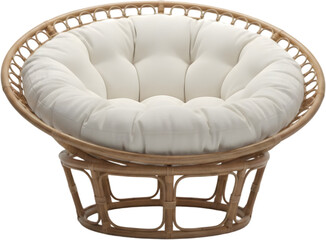 Comfortable round papasan chair with white cushion and rattan frame isolated on white background cozy furniture for living room decor