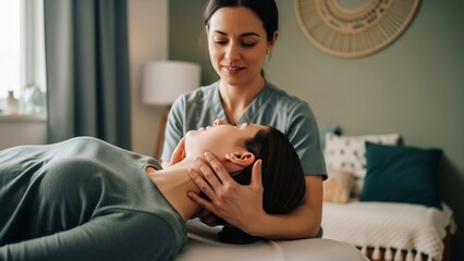 The gently performs neck adjustment on a patient lying on a treatment table in a calm, well-lit room.
