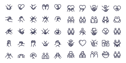 Set of care line icons, such as handshake, friendship, empathy, and social responsibility
