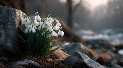 Delicate white snowdrop flowers emerging from the snow