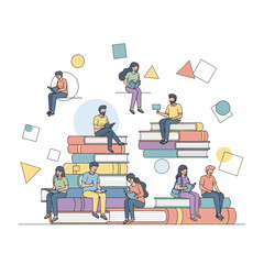 Diverse group of students engaged in learning and studying with colorful geometric shapes floating