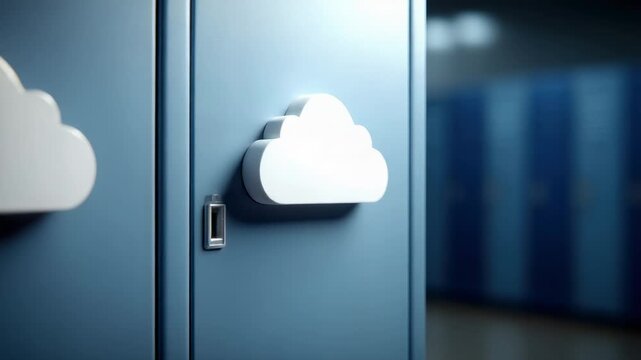 A white cloud icon is affixed to a blue metal cabinet door a row of blurred blue lockers is visible in the background