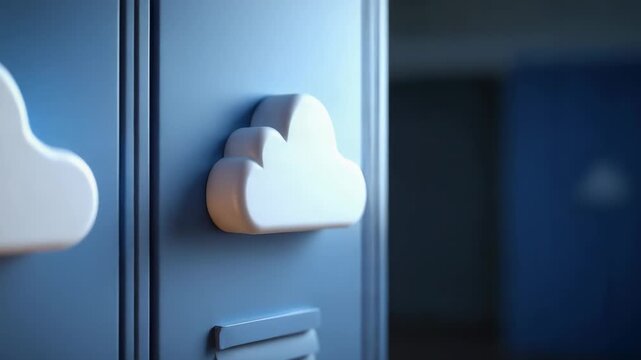 Three dimensional white cloud icons affixed to blue metal lockers Close up view showing detailed texture