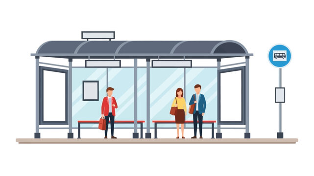 People waiting at a bus stop with a modern shelter design