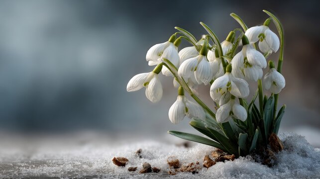 Delicate white snowdrop flowers emerging from the snow