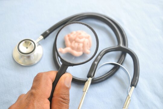 Magnifying glass over brain model placed on stethoscope atop blue fabric surface symbolizing neurological diagnostics and medical focus for health education visuals